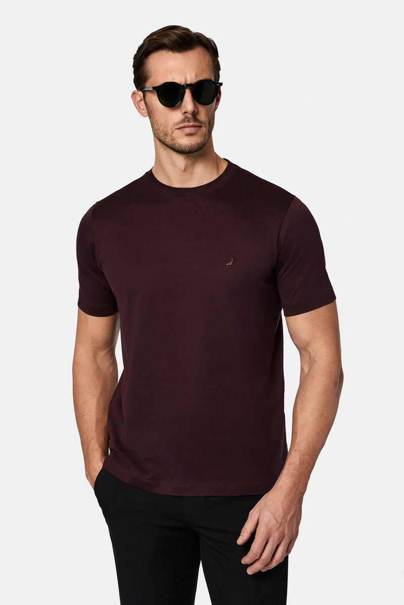 Tünd Bordo Crew Neck Adi Naxışlı Pambıq Merserizə Edilmiş Basic T-shirt