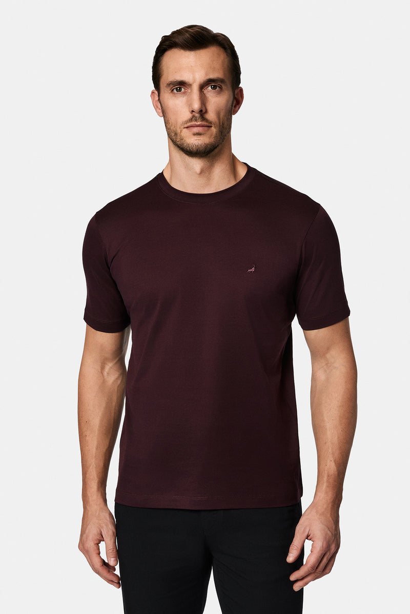 Tünd Bordo Crew Neck Adi Naxışlı Pambıq Merserizə Edilmiş Basic T-shirt
