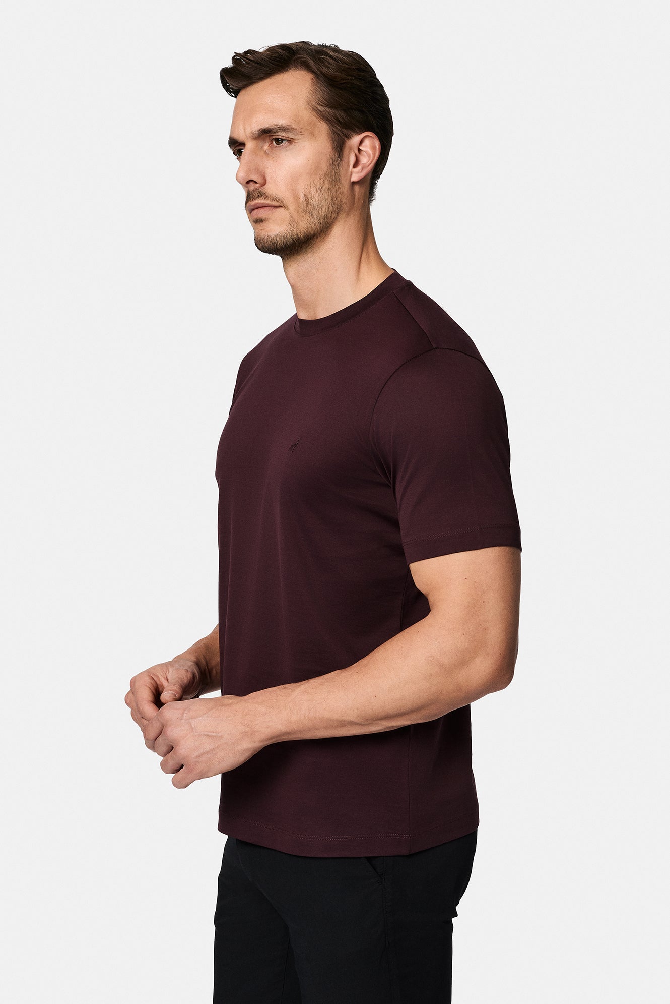 Tünd Bordo Crew Neck Adi Naxışlı Pambıq Merserizə Edilmiş Basic T-shirt