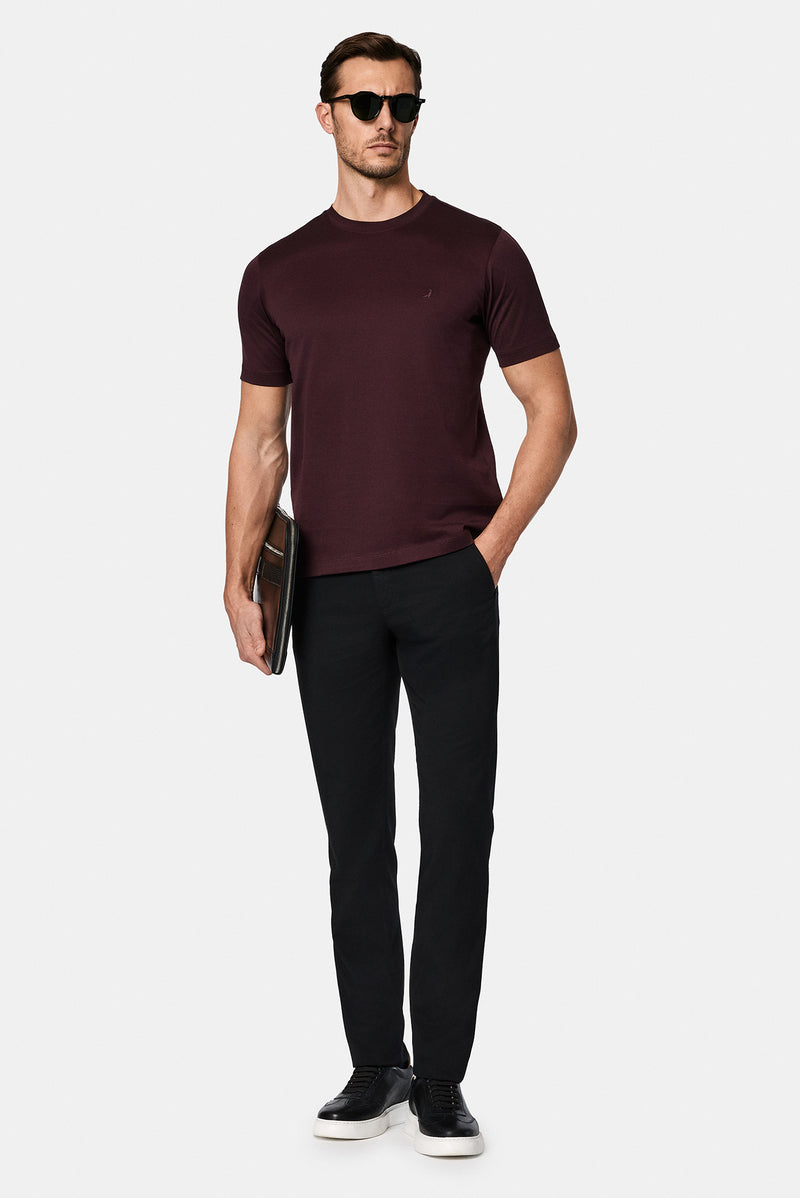 Tünd Bordo Crew Neck Adi Naxışlı Pambıq Merserizə Edilmiş Basic T-shirt