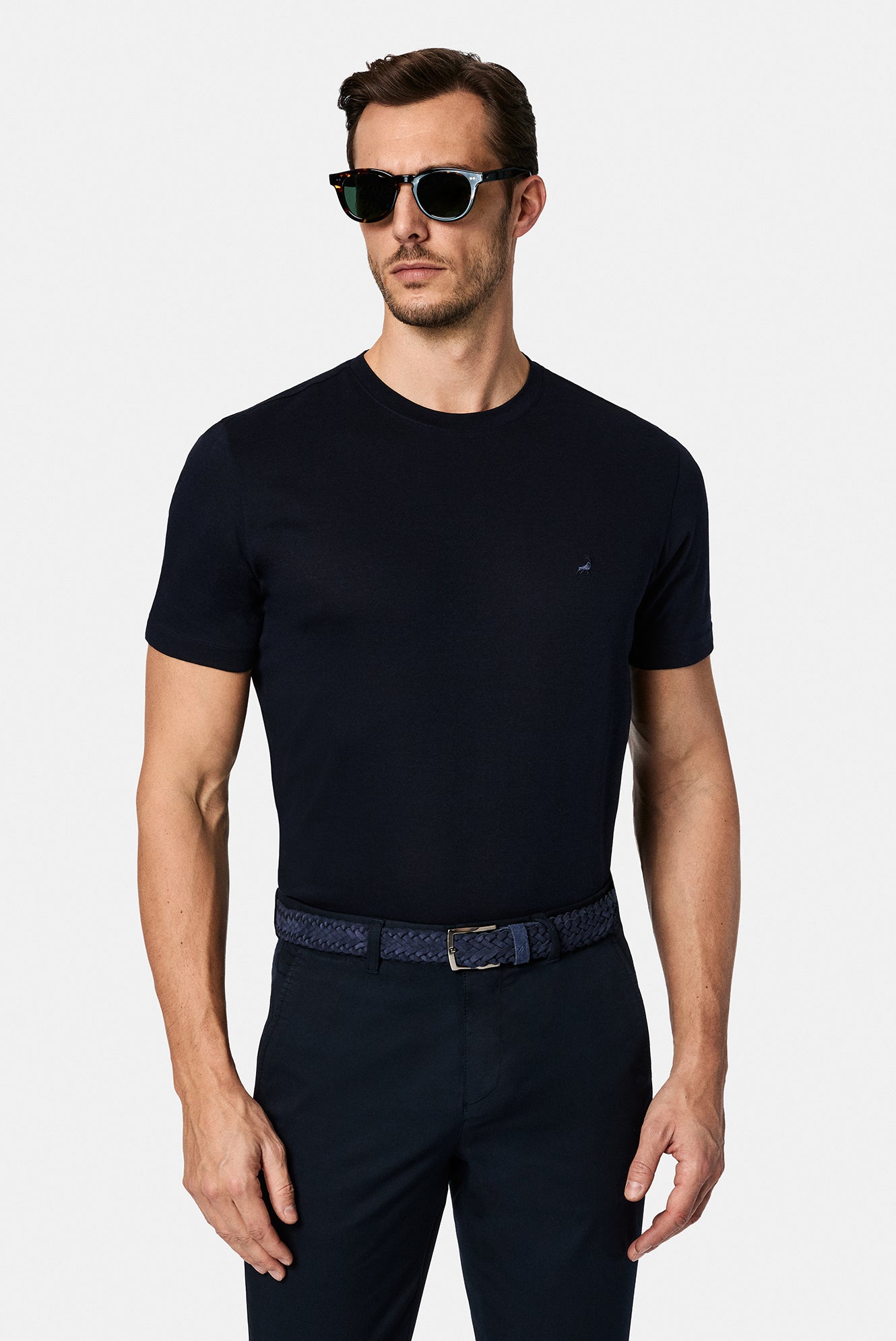 Tünd Dəniz Crew Neck Adi Naxışlı Pambıq Kətan Qarışığı Merserizə Edilmiş Basic T-shirt