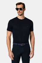 Tünd Dəniz Crew Neck Adi Naxışlı Pambıq Kətan Qarışığı Merserizə Edilmiş Basic T-shirt