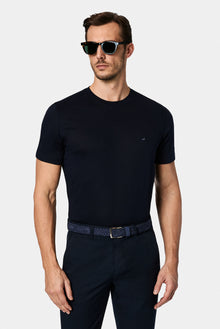Tünd Dəniz Crew Neck Adi Naxışlı Pambıq Kətan Qarışığı Merserizə Edilmiş Basic T-shirt