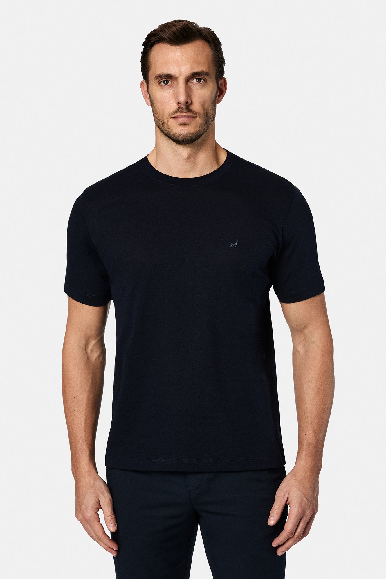 Tünd Dəniz Crew Neck Adi Naxışlı Pambıq Kətan Qarışığı Merserizə Edilmiş Basic T-shirt