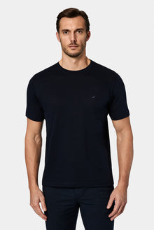Tünd Dəniz Crew Neck Adi Naxışlı Pambıq Kətan Qarışığı Merserizə Edilmiş Basic T-shirt