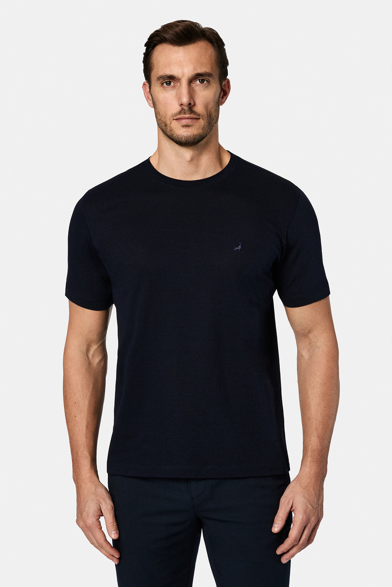Tünd Dəniz Crew Neck Adi Naxışlı Pambıq Kətan Qarışığı Merserizə Edilmiş Basic T-shirt