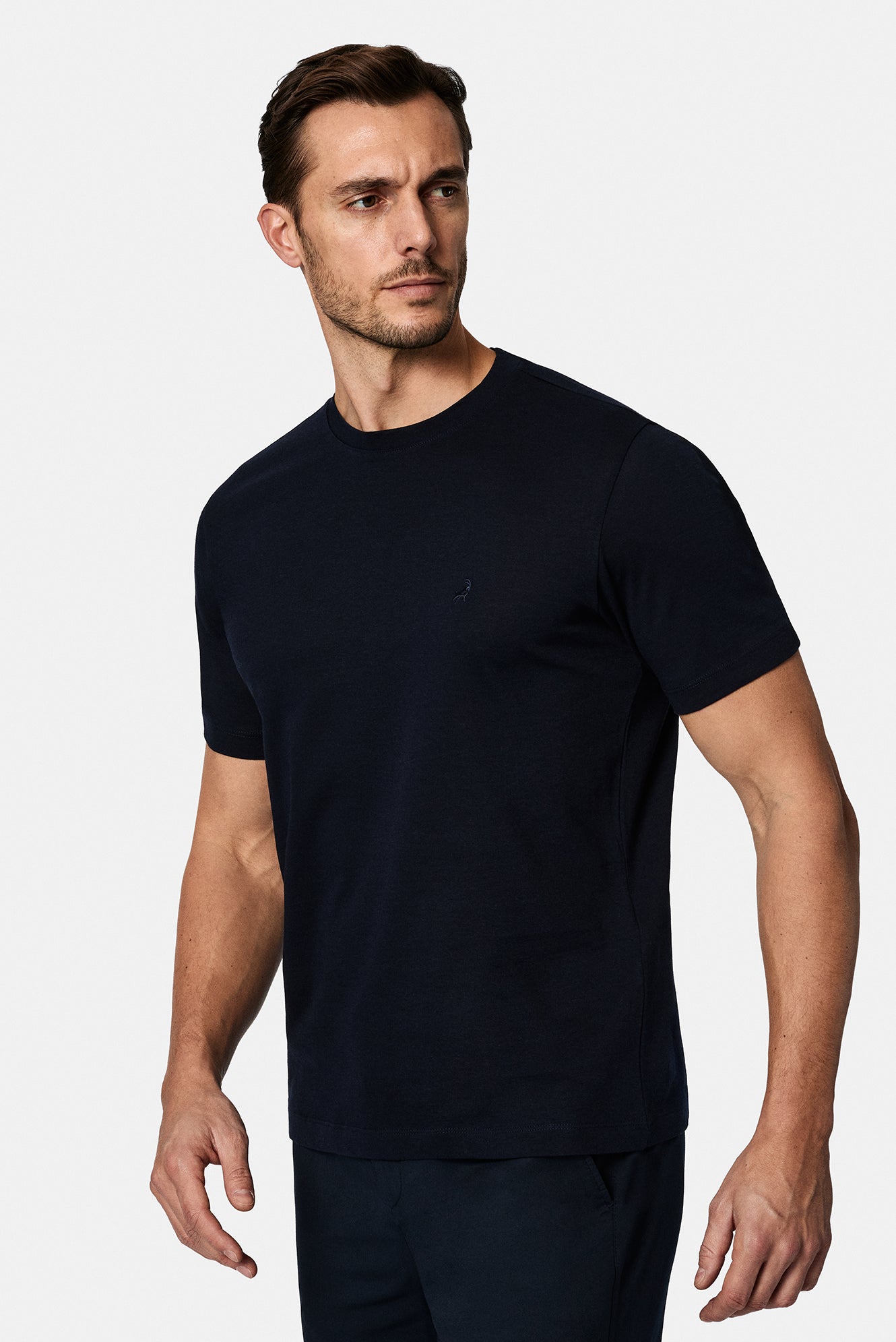 Tünd Dəniz Crew Neck Adi Naxışlı Pambıq Kətan Qarışığı Merserizə Edilmiş Basic T-shirt