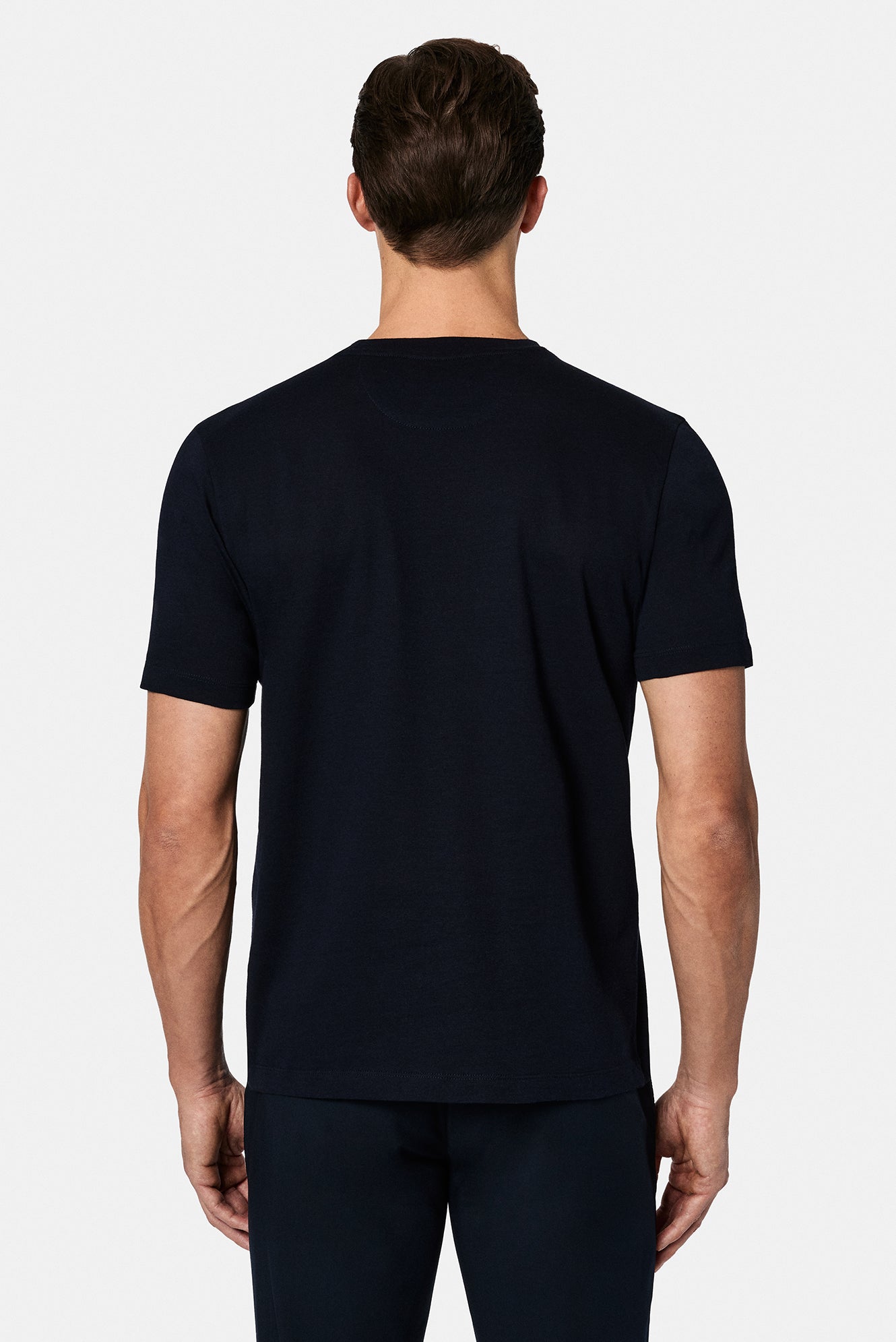 Tünd Dəniz Crew Neck Adi Naxışlı Pambıq Kətan Qarışığı Merserizə Edilmiş Basic T-shirt