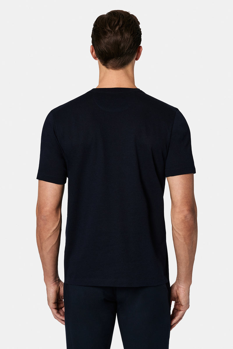 Tünd Dəniz Crew Neck Adi Naxışlı Pambıq Kətan Qarışığı Merserizə Edilmiş Basic T-shirt