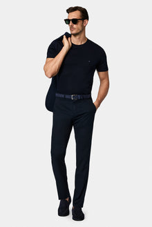 Tünd Dəniz Crew Neck Adi Naxışlı Pambıq Kətan Qarışığı Merserizə Edilmiş Basic T-shirt