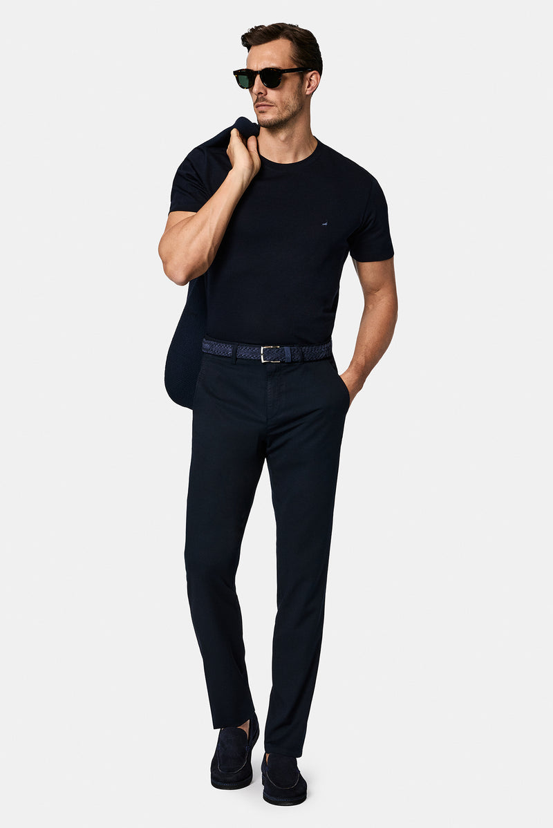 Tünd Dəniz Crew Neck Adi Naxışlı Pambıq Kətan Qarışığı Merserizə Edilmiş Basic T-shirt