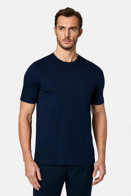 Tünd Göy Crew Neck Adi Fit Naxışlı Modal Qarışıq Futbolka